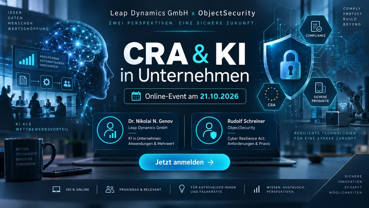 Veranstaltungsgrafik „CRA & KI in Unternehmen“ von Leap Dynamics und ObjectSecurity mit KI-Kopf und Schutzschild.